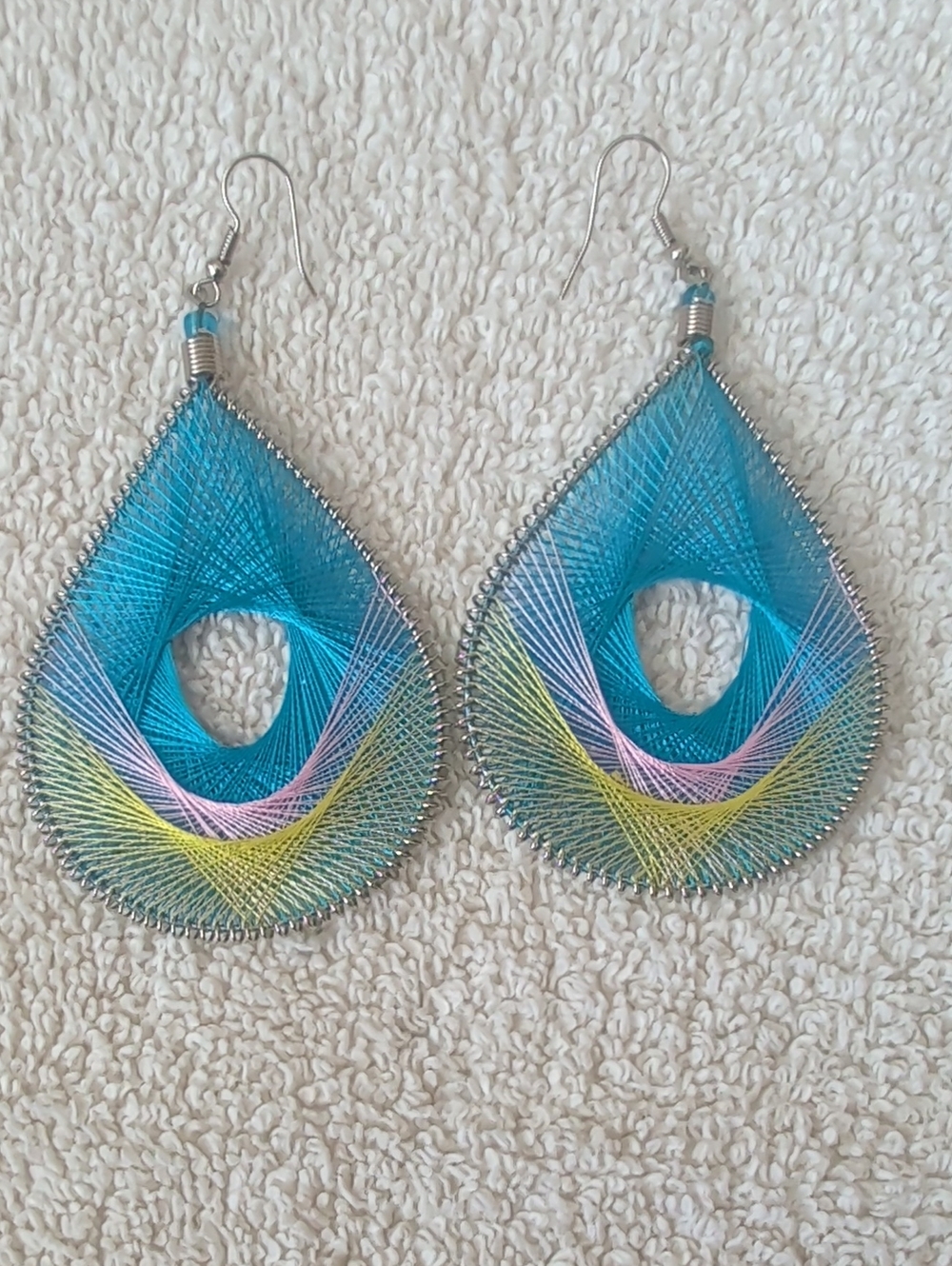 Handmade Teardrop Thread Art Earrings in Turquoise with Pastel Accents